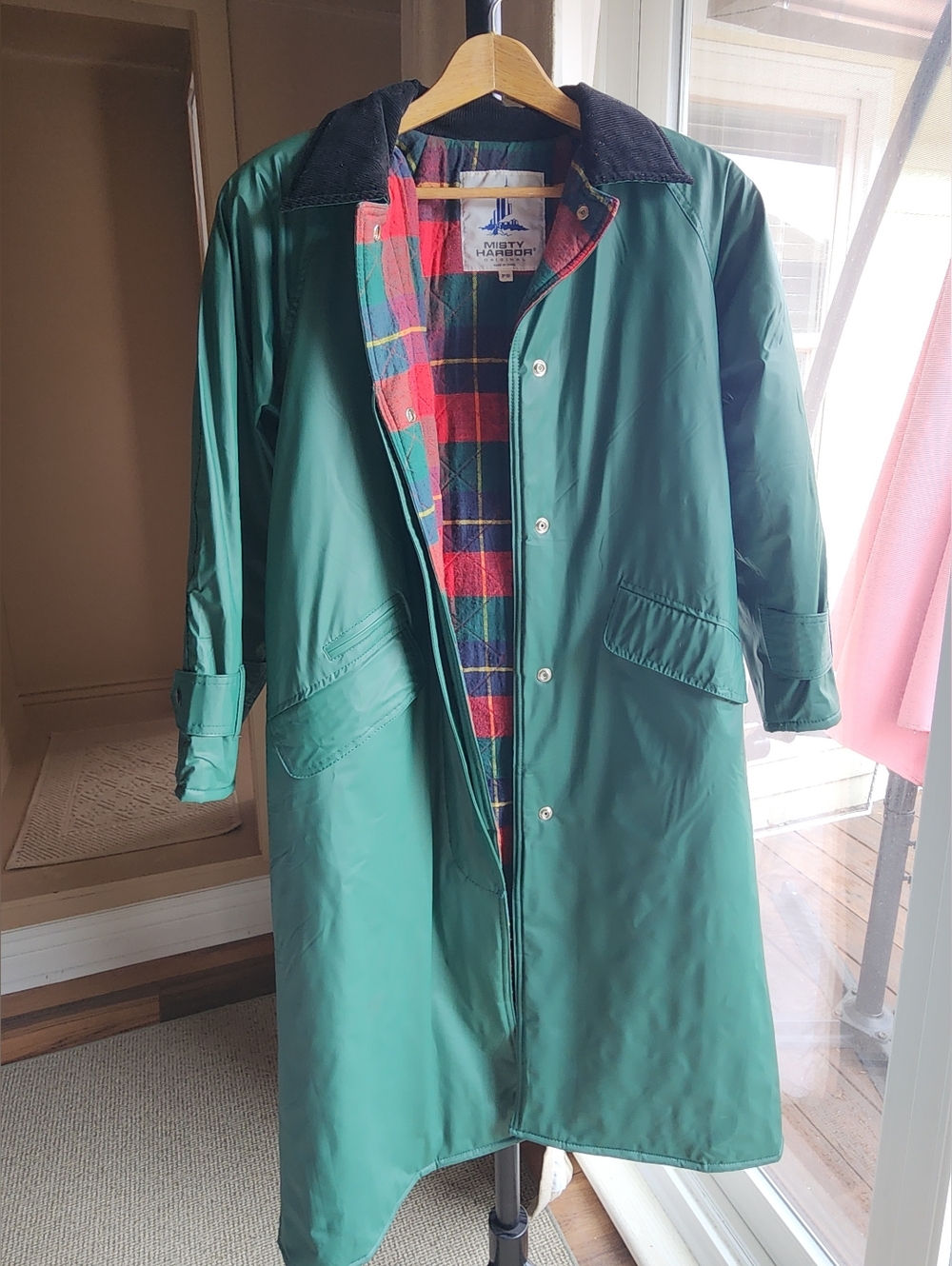 Vtg Misty Harbor Rain Coat Jacket Women's Petite S  Green Plaid Flannel Lined